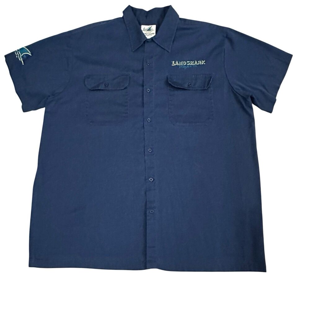 Landshark Lager Button Shirt Mens XXL Mechanic Short Sleeve Blue Embroidered - Picture 2 of 11